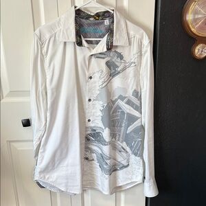 Robert Graham White Button-Up Shirt Jacket with Gray Surf Graphic
